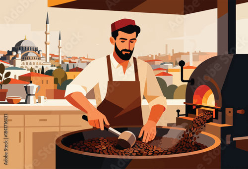 Man roasts coffee beans in a traditional shop, with a cityscape and mosque in the background
