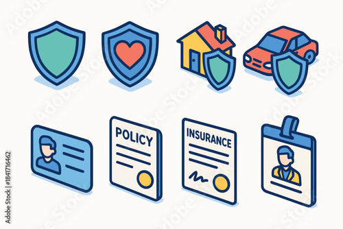 Insurance and Protection Flat Isometric Icons Set