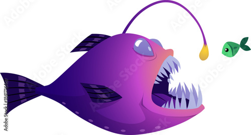 Underwater monster flat vector icon, deep sea anglerfish, cartoon creepy sea or ocean predator animal, wildlife fauna