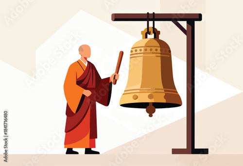 Monk ringing a large golden bell with a mallet