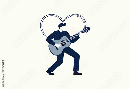 A stylized figure plays an acoustic guitar surrounded by a heart outline