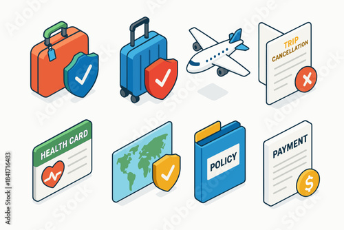 Travel insurance isometric icons set