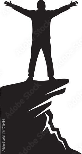 Silhouette of a person standing on a cliff edge with arms raised in triumph