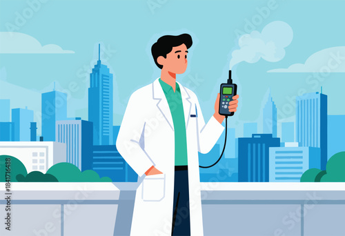 Professional with device monitoring environmental conditions in urban setting