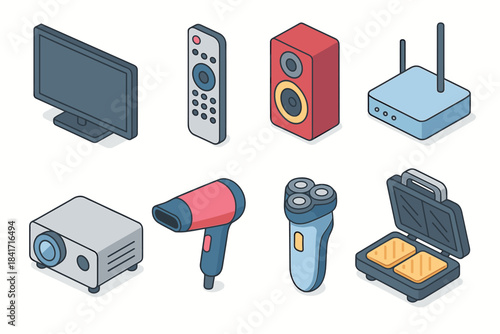 Household electronic devices cartoon isometric icons set