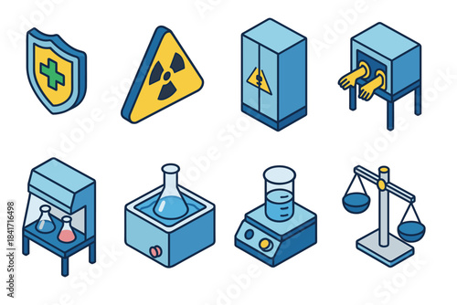 Laboratory and Safety Equipment Isometric Icons Set