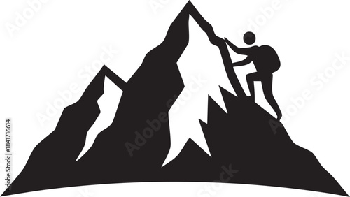 Silhouette of hiker climbing a mountain peak success achievement concept