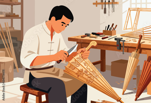 Craftsman carving intricate designs onto a wooden umbrella handle