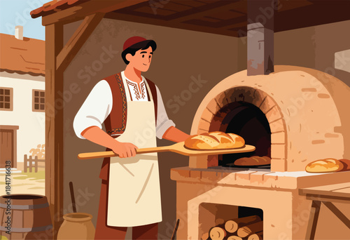 A smiling baker in traditional attire removes a loaf of bread from a brick oven