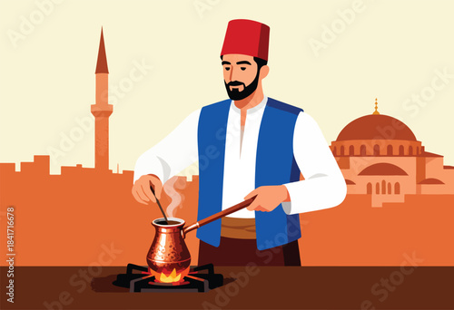 Man in traditional attire prepares coffee over a gas stove with a mosque in background