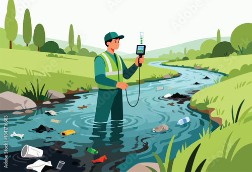 Man tests polluted stream with device amid garbage