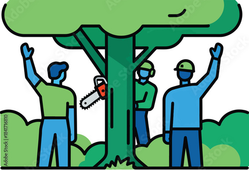 Stylized illustration of people and a tree, with one person using a chainsaw