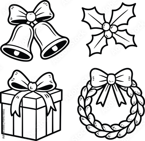 Collection of four hand drawn black and white christmas icons including bells holly gift box and wreath