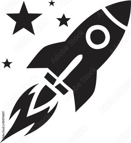 Black silhouette icon of a rocket ship launching with stars