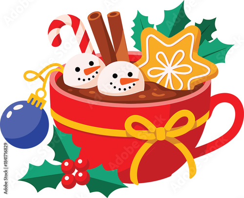 Cozy christmas hot chocolate with marshmallow snowmen and gingerbread cookie 