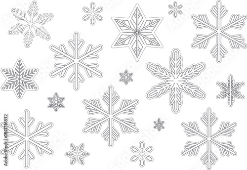Collection of intricately detailed hand drawn snowflake illustrations in a scattered arrangement