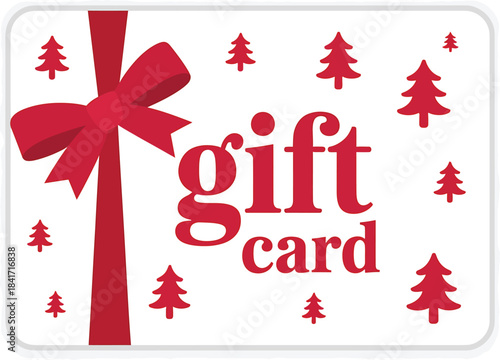 Festive christmas gift card with red ribbon and small evergreen trees