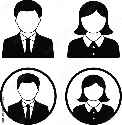 Professional business icons representing male and female figures in suits and collared shirts