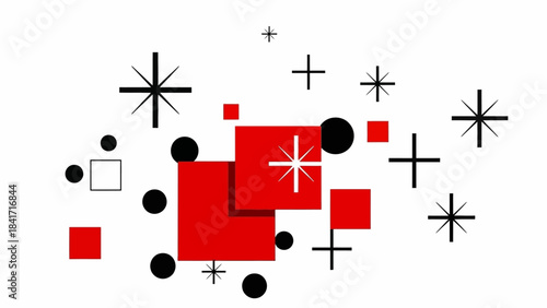 Bold geometric abstract design featuring dynamic red squares and black shapes on white, perfect for modern backgrounds, vibrant posters, and eye catching branding projects