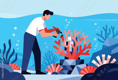 Person carefully tending to coral reef with tools underwater