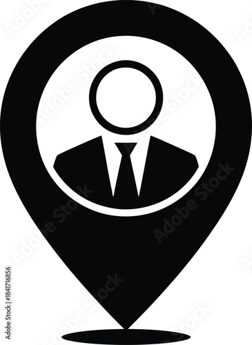 Black and white icon representing a person inside a location pin symbolizing personal location or contact information