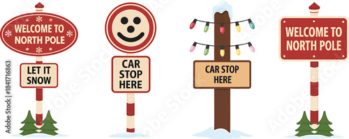 Christmas holiday directional signs with festive decorations and santa claus elements