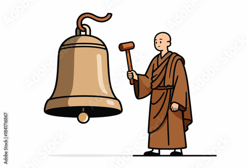 A serene figure in brown robes strikes a large bronze bell with a mallet