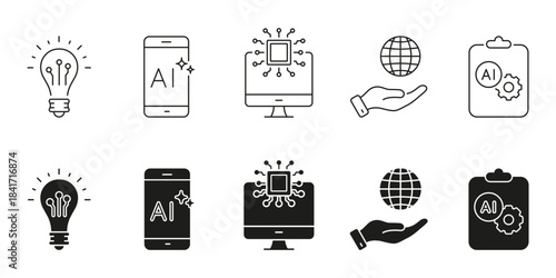 Artificial Intelligence Innovation and Global Technology Line and Solid Icon Set. Data Science, Knowledge Sharing and Smart Solutions Symbol Collection. Isolated Vector Illustration