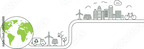 Green planet earth connected to a sustainable modern city with trees and clean energy