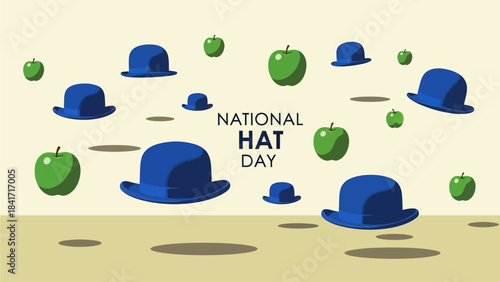 Celebrate National Hat Day with vibrant blue bowler hats and crisp green apples, a whimsical design perfect for greeting cards, social media posts, and festive announcements