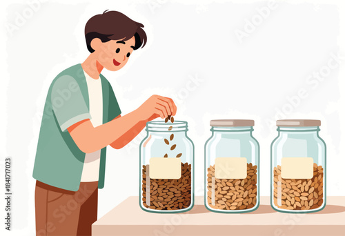 Young person sorts seeds into glass jars on a counter