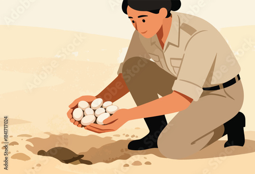 Person in khaki outfit carefully holds clutch of eggs, near nesting site