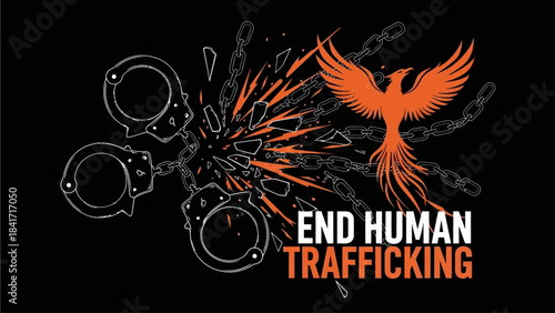 Empowering design to end human trafficking and promote freedom, a powerful statement with broken chains and a rising phoenix, symbolizing hope and resilience for a better future