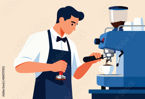 Person making coffee with espresso machine and tamper