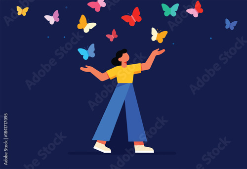 A person with outstretched arms among colorful butterflies flying in the night sky
