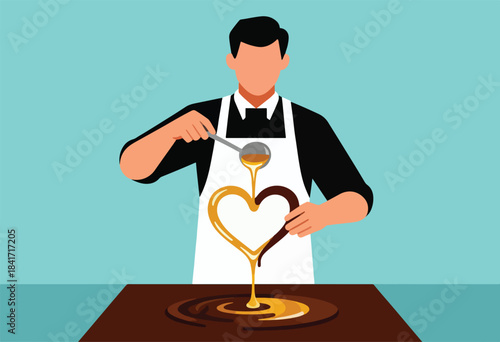 Person with ladle pouring liquid into a heart shape over a dark surface