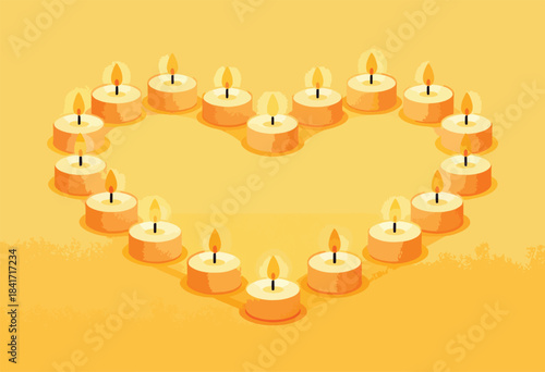 Heart-shaped arrangement of lit tea lights on a soft yellow background