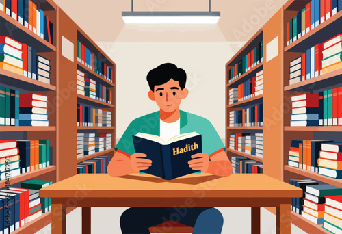 Young man intently studies a book d "Hadith" in a vast library