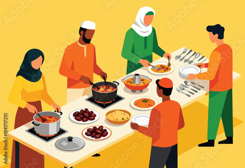 People in modest clothing serve a buffet meal of dates, rice, and stew