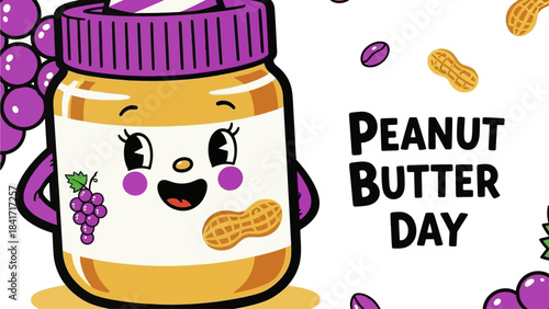 Celebrate National Peanut Butter and Grape Day with this adorable cartoon jar character, perfect for food bloggers, social media promotions, and playful recipe announcements