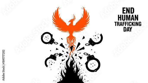 Empowering freedom and justice with a phoenix rising above broken chains for End Human Trafficking Day - show your support with this powerful symbol of hope