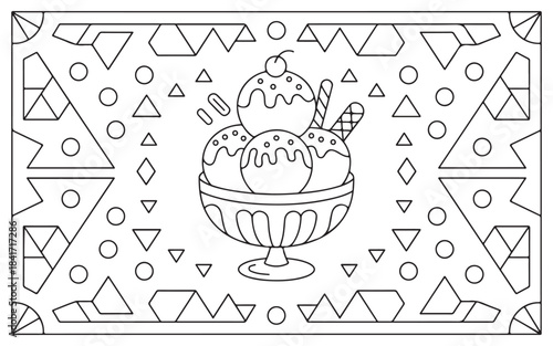 Coloring Page for Adults and Kids Ice Cream Sundae with Cherry, Wafers, and Sprinkles Geometric Pattern Mandala Vector Illustration