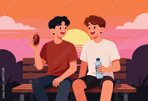 Two young men enjoy a sunset snack and drink on a park bench