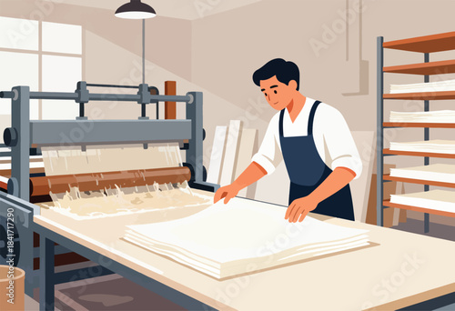 Craftsman tending to paper-making machinery and stacks of paper sheets