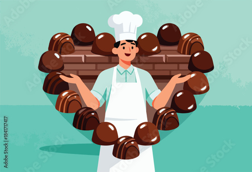 Confectioner with artistic chocolates arranged in a heart shape