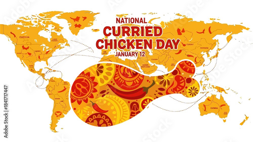 Celebrate National Curried Chicken Day January 12th with a world map showing delicious curry flavors across continents, perfect for food blogs and spicy recipe promotions