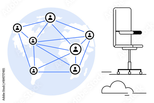 Remote work, global collaboration, communication, workforce connectivity, international team, online meetings. Illustration of worldwide network connected by people with an office chair. Remote work
