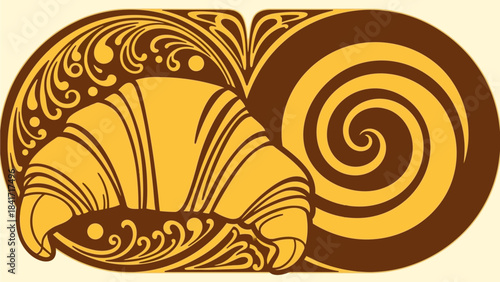 Elegant croissant and spiral design with art nouveau flourishes for bakery branding or stylish restaurant menu, evoke a sense of classic indulgence and sophisticated taste