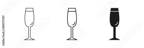 Champagne Flute Glass In Line, Outline, And Glyph Icon Set. Celebration, Elegance, And Beverage Symbol Collection. Perfect For Party, Event, And Hospitality Design. Isolated Vector Illustration