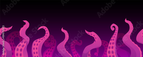 Octopus waving long tentacles with suckers on sea bottom vector background, cartoon ocean monster kraken limbs wriggles